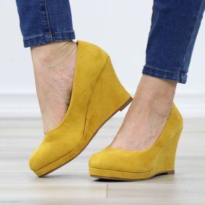 Mustard Faux Suede Close Round Toe Wedge High Heel